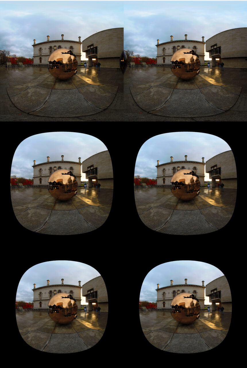 A VR180-3D image with the main object in the center of the photo. From top to bottom: 180°,150°, 135°. 