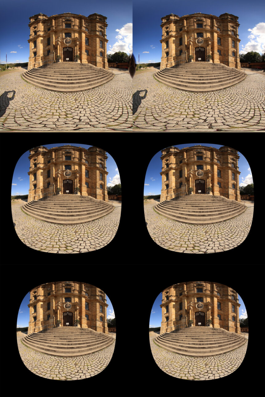 Ein VR180-3D Bild, bei dem man nahe vor einem hohen Objekt steht. Von oben nach unten: 180°, 150°, 135°. 