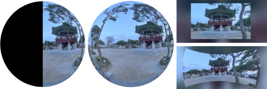 Image formats from left to right: 180° × 180° on a hemisphere, 360° × 180° on a full sphere, normal 2D image on a flat display surface and a panorama on a curved screen.