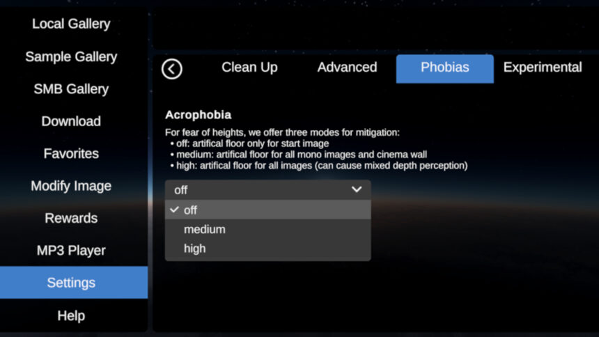 Different settings in the immerGallery user profile regarding fear of heights.