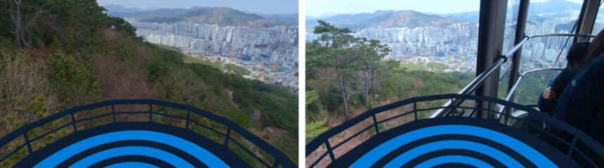 Left: artificial floor against fear of heights does not create a depth conflict. Right: The railing is perceived as closer than the floor that blocks it.