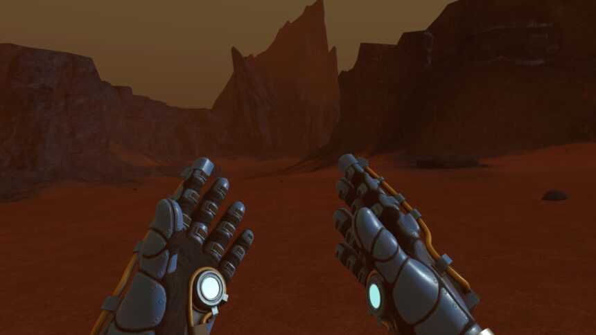 Zwei Hände mit Handschuhen eines Raumanzugs auf dem Mars.