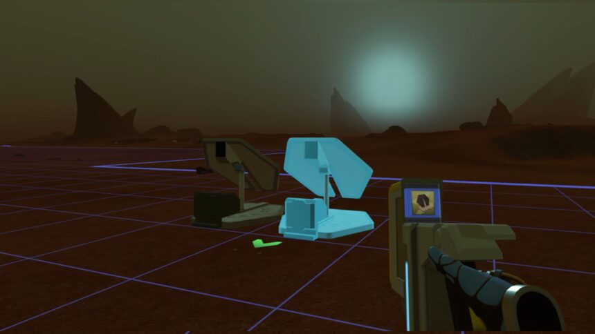 First-Person-Perspektive in Sci-Fi-Spiel mit futuristischen Stationen, blauem Rastergitter und alien Landschaft unter türkisfarbenem Himmelskörper.